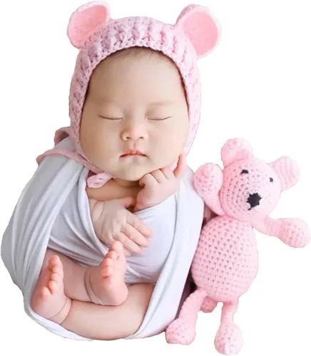 Vista 9 de Accesorios de fotografía para recién nacidos, sombrero de oso, sesiones de fotos de bebé, trajes de fotos para posar fotos de ganchillo, oso muñeca