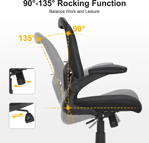 Vista 7 de Silla de oficina ergonómica de malla, soporte lumbar ajustable, brazos abatibles, silla giratoria para computadora con respaldo transpirable