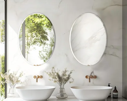 Vista 6 de Espejo de pared ovalado sin marco: Espejo decorativo elíptico de vidrio espejado para tocador con borde plateado biselado para baño, dormitorio
