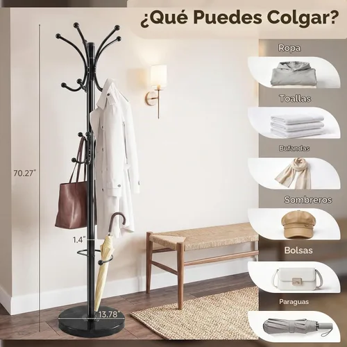 Vista 5 de Perchero de metal independiente con base de mármol natural, perchero Roraty de 360° con 16 ganchos y soporte para paraguas, perchero negro