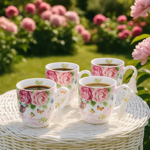 Vista 2 de London Boutique Juego de tazas de café de té, 4 porcelana, pájaro, rosa, mariposa, diseño Shabby Chic en caja de regalo, 11 oz