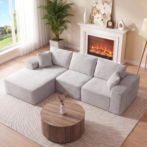 Vista 20 de Sofá nube sin hueso de 111 pulgadas en forma de L con diván, sofá modular de 3 plazas para sala de estar, sofás de felpilla deshuesados de gran Beige