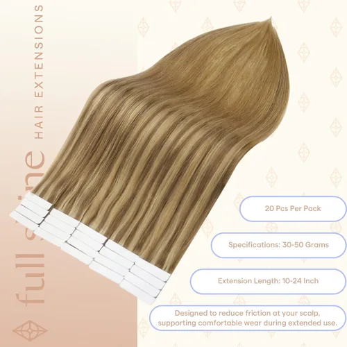 Vista 105 de Full Shine - Extensiones de cabello humano con cinta, mezcla de rubio hongo # 8 castaño ceniza resaltado 60 rubio ceniza