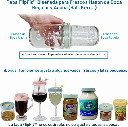 Vista 7 de CREADOR ORIGINAL - Tapas de Silicona FlipFit™ para Frascos Mason con Orificio para Pajilla - Ajuste Dual para Frascos Mason de Boca Regular y Boca