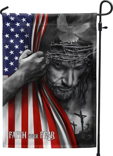 Vista 2 de FLAGWIX Bandera de Estados Unidos Christian Patriot – Bandera de Faith Over Fear God Jesus – Bandera de jardín de 12 x 18 pulgadas, decoración del 4