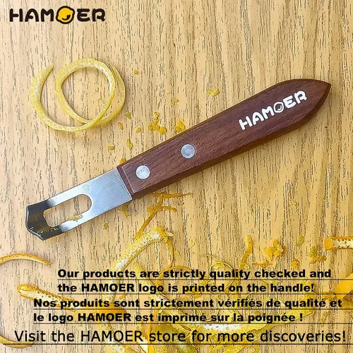Vista 5 de Cuchillo de canal Zester - Herramienta de frutas y verduras para decorar cócteles, postres y ensaladas, mango de madera con punta de acero inoxidable