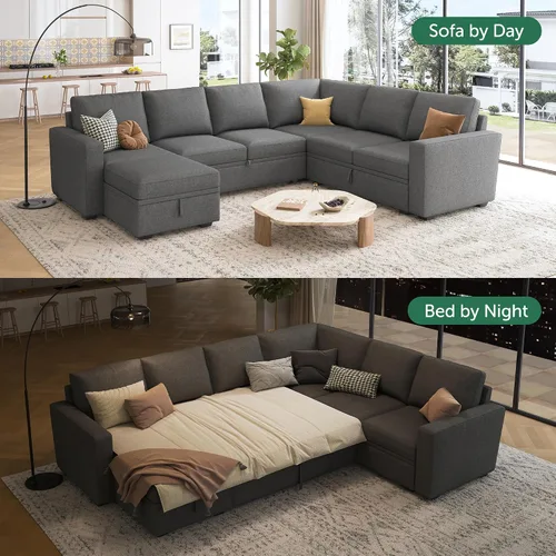 Vista 3 de HONBAY Sofá Seccional Cama con Cama Extraíble, Sofá en Forma de U con Almacenamiento, Sofás Seccionales Modulares para Sala de Estar, Gris Oscuro