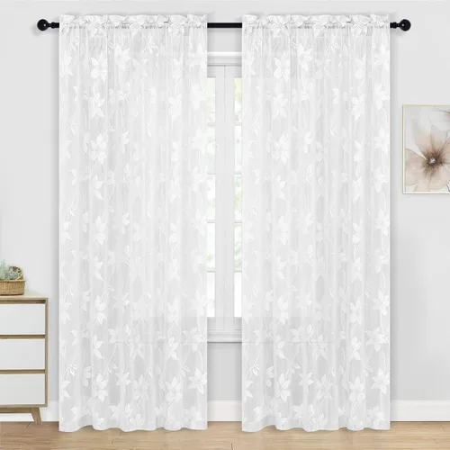 Vista 53 de DWCN Paquete de 2 cortinas traslúcidas pequeñas de encaje floral beige para cocina, cortinas traslúcidas ligeras con bolsillo para barra, cortinas