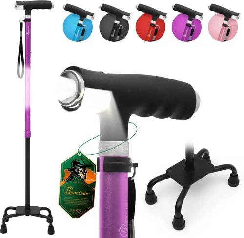 Vista 10 de Bastón BeneCane de cuatro puntas con dos luces LED con base grande, mango en T y ligereza, bastón ajustable para caminar de cuatro puntas resistente