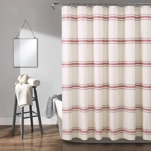 Vista 10 de [Usado] Cortina de regadera de algodón a rayas estilo rústico de Lush Decor, 72 x 72 pulgadas, negra - Cortina de baño a rayas - Cortinas de ducha