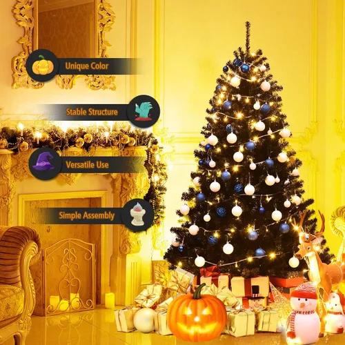 Vista 6 de Goplus Árbol de Navidad negro sin luz de 6 pies, árbol de Halloween artificial con 1036 puntas de rama, soporte de metal, árbol completo de Navidad
