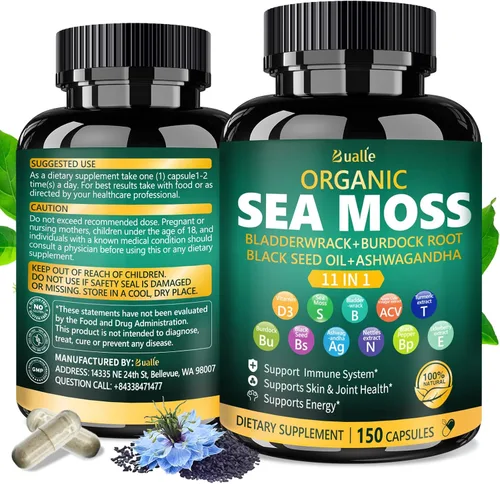 Vista 7 de Cápsulas de musgo marino irlandés Bualle – Suplementos de musgo marino orgánico, aceite de semilla negra, ashwagandha con fucus, jengibre y raíz