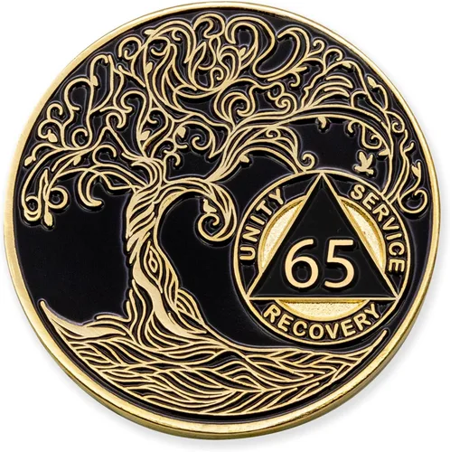 Vista 46 de 1 año Sobriety Mint Twisted Tree of Life Medallón de recuperación AA chapado en oro, chip/ficha - negro