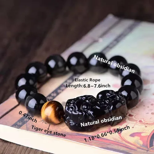 Vista 36 de Pulsera de obsidiana negra, pulsera de obsidiana negra Feng Shui para mujeres y hombres, pulsera elástica de obsidiana con piedra de ojo de tigre