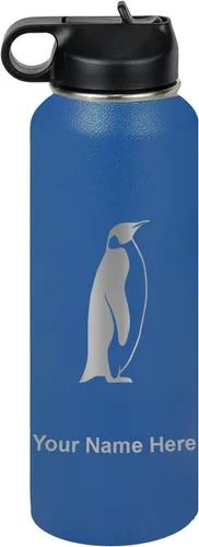 Vista 24 de LaserGram Botella de agua personalizada, pingüino, acero inoxidable de doble pared aislada al vacío con popote superior, regalo grabado