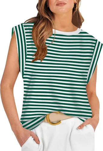Vista 36 de WIHOLL Camisetas de mangas casquillo para mujer, camisetas básicas de verano, camisetas informales sin mangas, ajuste holgado, a la moda D - Raya