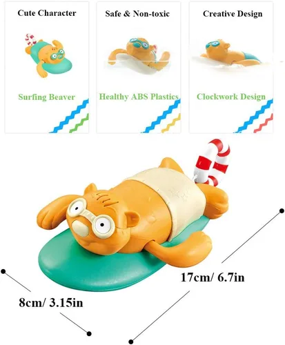 Vista 7 de Pull String - Juguete de baño para bebé, lindo castor de surf, natación, cuerda mecánica, juguete de bañera para niños pequeños (beige)