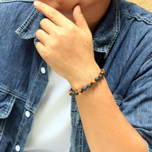 Vista 4 de Protection Tigers Eye Crystal Mens Bracelets, Healing Tiger Eye Lava Stone Beaded Bracelets for Men, Handmade Essential Oil Diffuser Bracelet
