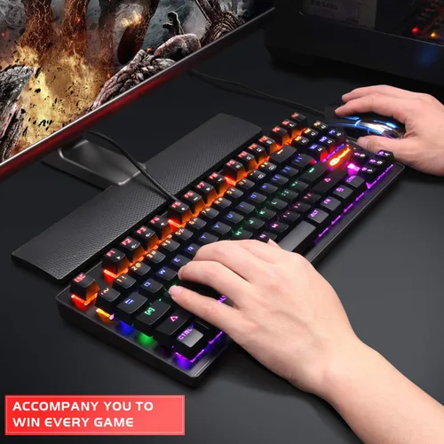 Vista 6 de MageGee Teclado mecánico para juegos de 87 teclas con retroiluminación LED RGB, teclado de computadora USB con cable con interruptores azules, 100%
