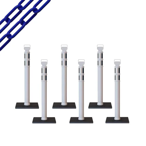 Vista 7 de CCW 6-Pack 45" Delineador Post Kit Kit de 3.0 in collares reflectantes, base de goma de 10 lb (6 postes blancos con cadena negra de 50 pies)