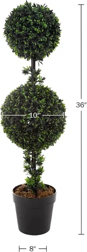 Vista 6 de Juego de 2 árboles topiarios – 36 pulgadas de doble bola podocarpus plantas falsas – Plantas artificiales realistas en macetas para interiores