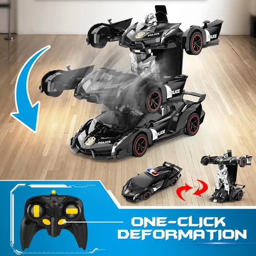 Vista 4 de FDJ - Auto a control remoto que se transforma en robot, transformación con un botón a robot con luz intermitente, juguete de policía para niños