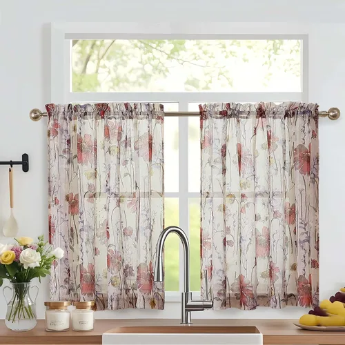 Vista 15 de Cortinas Transparentes Arrugadas de 96 Pulgadas de Largo 2 Paneles, Cortinas Florales Transparentes con Diseño Impreso para Sala de Estar