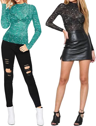 Vista 4 de MANGOPOP - Blusa delgada de malla transparente con lentejuelas para mujer, manga corta, sexy, camiseta transparente para club