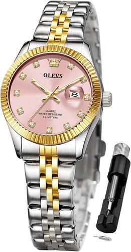 Vista 10 de OLEVS Relojes para Mujeres Vestido de Negocios Femenino Damas para Muñeca Pequeña Reloj Tono Dorado y Plateado Banda de Acero Inoxidable Analógico