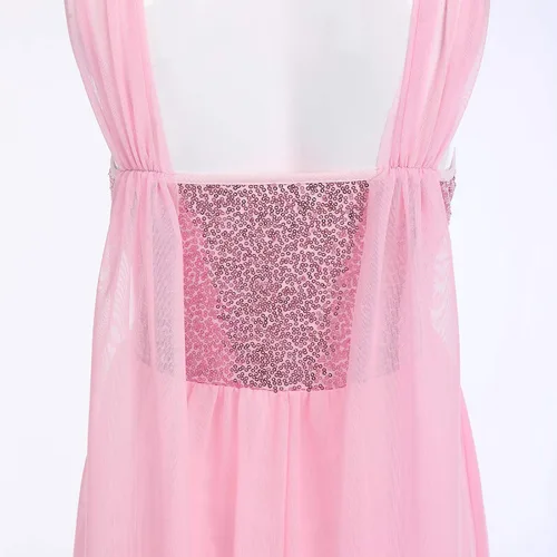 Vista 5 de ODASDO Vestido de baile lírico para mujeres adultas, moderno, contemporáneo, con lentejuelas, tul de malla, falda alta y baja, ropa de baile