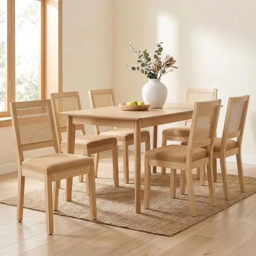 Vista 18 de French Country Dining Chairs Set of 2, Linen Upholstered Cane Back, Amber Soft linen upholstered seat with thick foam padding provides comfortable