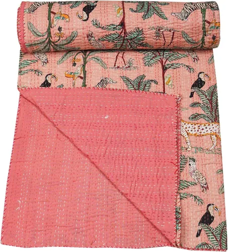 Vista 17 de Marubhumi Edredón tradicional indio de algodón puro con estampado de selva Kantha, funda de cama, colcha Kantha con estampado de animales, Negro