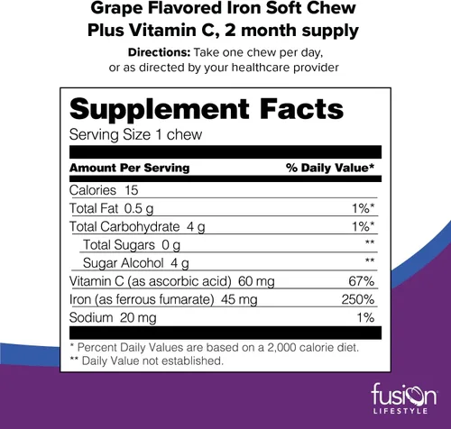 Vista 2 de Fusion Lifestyle Suplemento de hierro masticable para mujeres y hombres, sabor a uva, hierro vitamina C suave masticable para máxima absorción