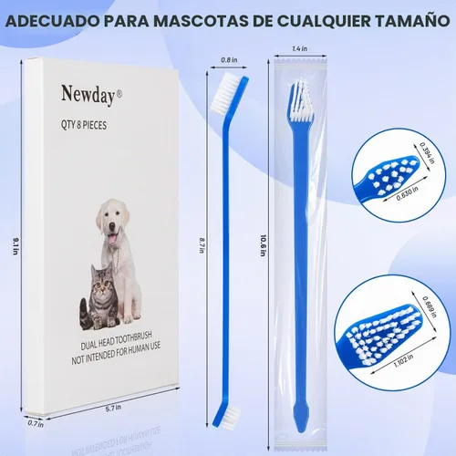 Vista 2 de Newday Juego de 8 cepillos de dientes para perros, de doble cabeza, higiene dental, práctico cepillo de dientes suave para limpiar los dientes