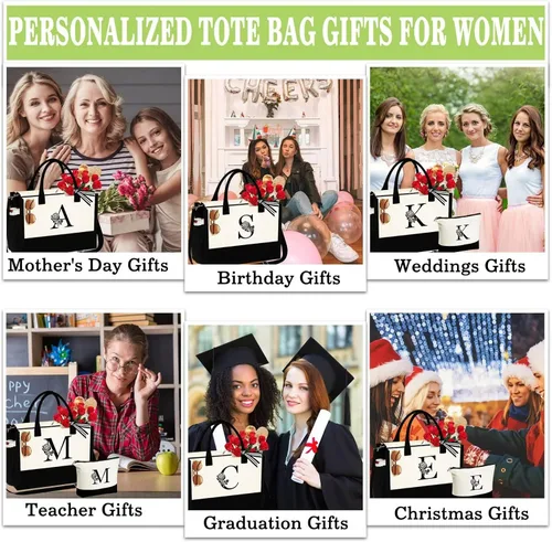 Vista 6 de YOOLIFE Bolsa de lona personalizada con inicial con bolsa de maquillaje, bolsa de playa con cremallera correa ajustable, regalos de cumpleaños