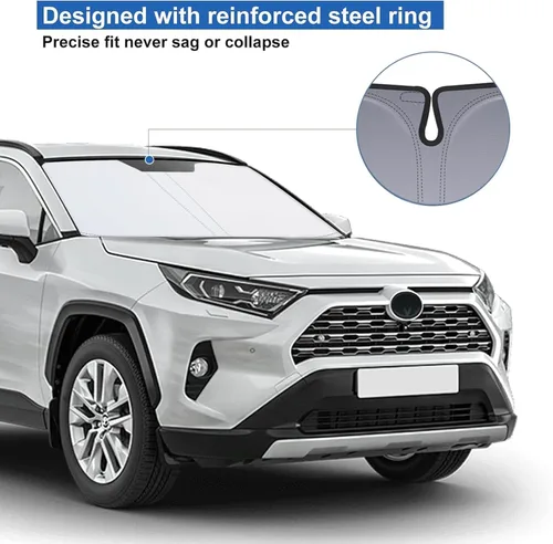 Vista 6 de Parasol para parabrisas de Toyota Rav4, accesorios 2019-2025, plegable con ajuste personalizado para ventana delantera, protector de visera de sol