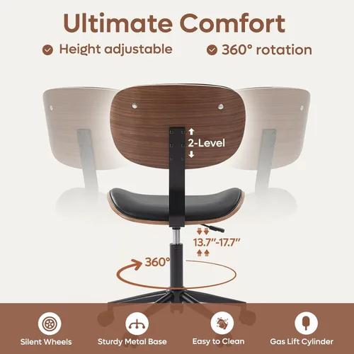 Vista 2 de Bestier Silla de oficina pequeña con soporte de respaldo de madera curvada, silla de escritorio sin brazos con giro de 360°, silla de computadora