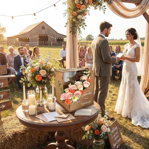Vista 7 de OurWarm Caja de tarjetas de boda de madera con canal de flores onduladas, cajas de tarjetas de boda rústicas de color marrón para recepción