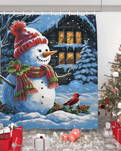 Vista 5 de Cortina de ducha con diseño de cardenales de muñeco de nieve para baño, casa de nieve de Navidad, pájaros rojos, lindo muñeco de nieve, sombrero