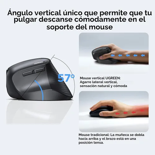 Vista 3 de UGREEN Ratón vertical, mouse ergonómico inalámbrico Bluetooth, modo dual (BT 5.4 y USB 2.4G), clics silenciosos, 4 DPI ajustables