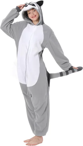 Vista 5 de Disfraz de mapache para adultos, unisex, Navidad, con cremallera, pijamas de animales para cosplay, ropa de casa de una pieza para mujeres y hombres