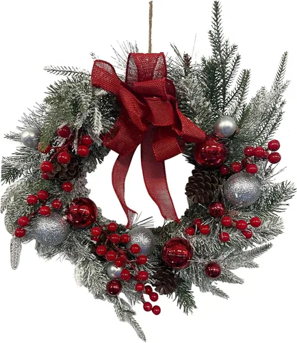 Vista 7 de Coronas de Navidad para puerta delantera, guirnaldas de Navidad artificiales con bola de Navidad, conos de pino y bayas rojas, coronas rústicas