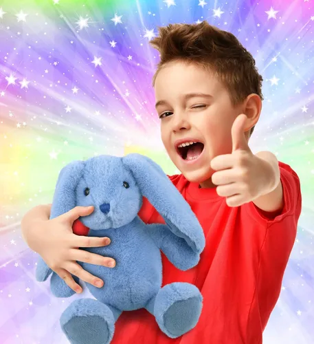 Vista 2 de DolliBu Peluche de conejo azul bebé, animal de peluche súper suave, adorable juguete realista de conejo para niños y niñas, bonito conejo de peluche
