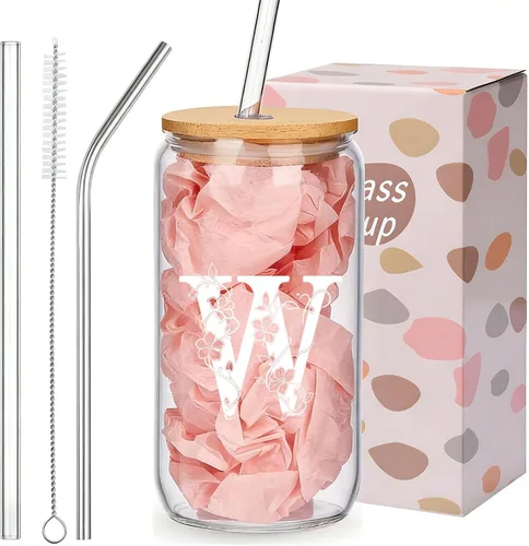 Vista 27 de Regalos personalizados para mujeres, tazas de vidrio con monograma con tapas y pajitas, regalos personalizados para mujeres, vasos de café helado