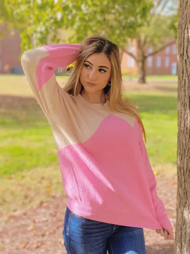 Vista 9 de Dokuritu Suéter de punto básico de invierno para mujer manga larga cuello redondo bloque de color casual ajuste holgado
