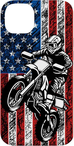 Vista 15 de Funda vintage con bandera estadounidense para iPhone 16 Motocross Dirt Bike