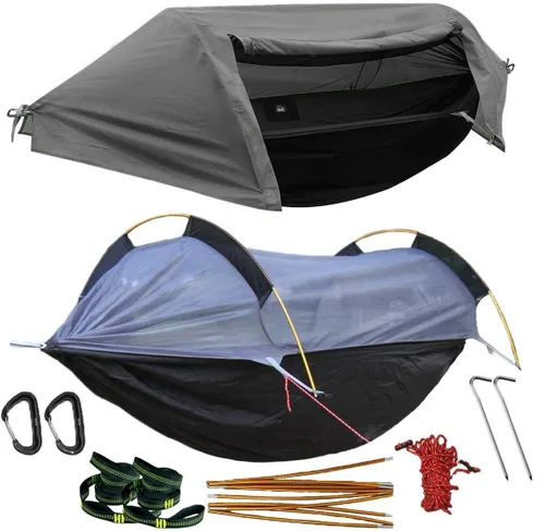 Vista 8 de WintMing - Hamaca con mosquitera y cubierta para moscas de lluvia, 3 en 1, hamaca de campamento, 440 libras de carga