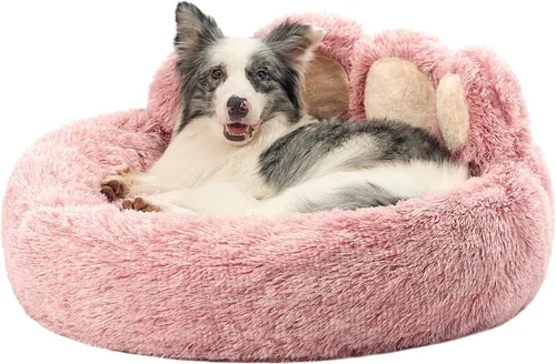 Vista 14 de Jiupety Cama calmante para mascotas en forma de pata, cama de felpa en forma de dona de piel sintética para perros y gatos, lavable a máquina, parte