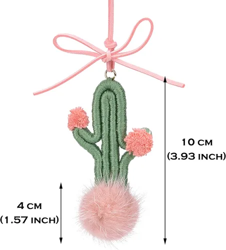 Vista 2 de Colgante de cactus de ganchillo para espejo retrovisor de automóvil, plantas peludas, adorno colgante para decoración del interior del automóvil