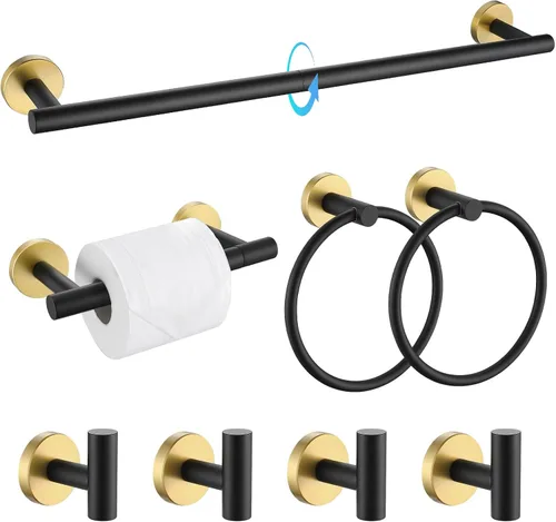Vista 10 de TQKAG Juego de accesorios de baño negro y dorado de 5 piezas, juego de toalleros redondos de acero inoxidable de 23.6 pulgadas para baño montado